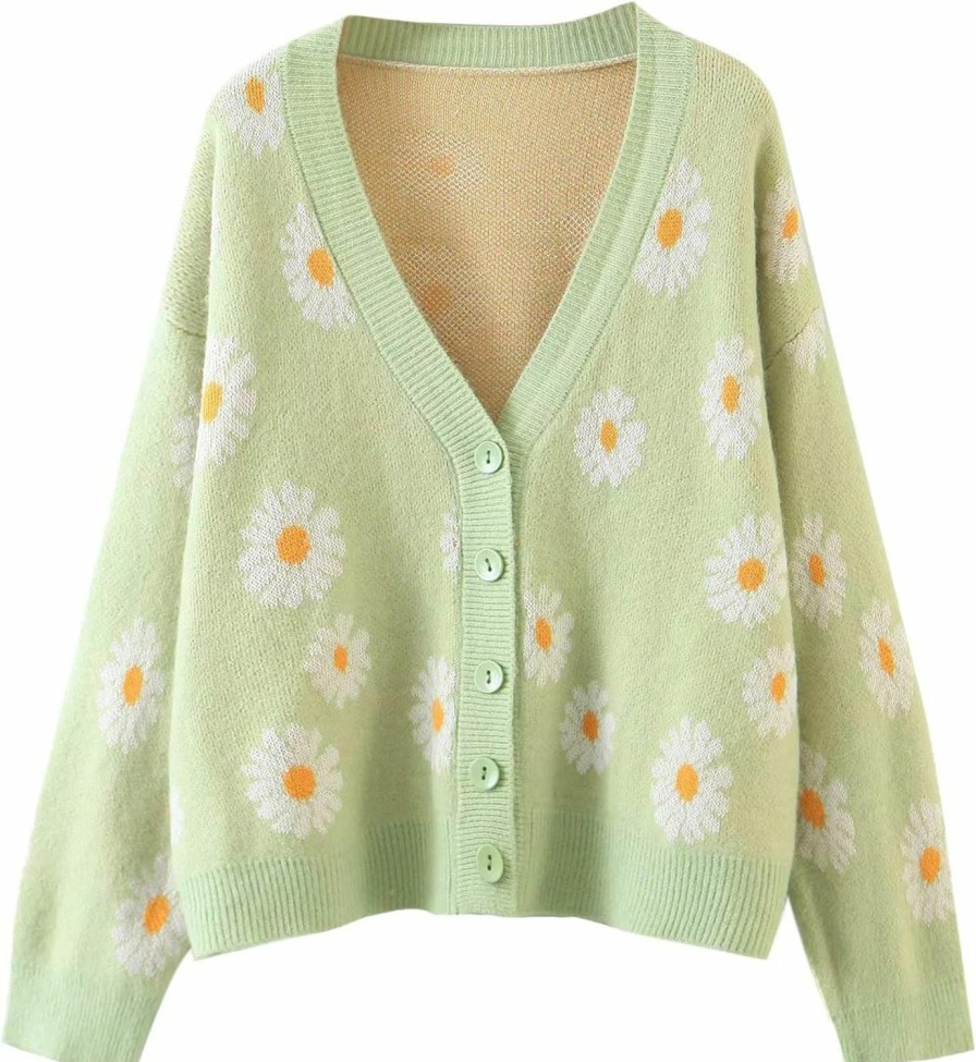 Sweaters | Fernvia Women'S Floral Knitted Daisy Sweater Cardigans Long Sleeve V Neck Loose Button Down Vintage Cottagecore Sweater Top