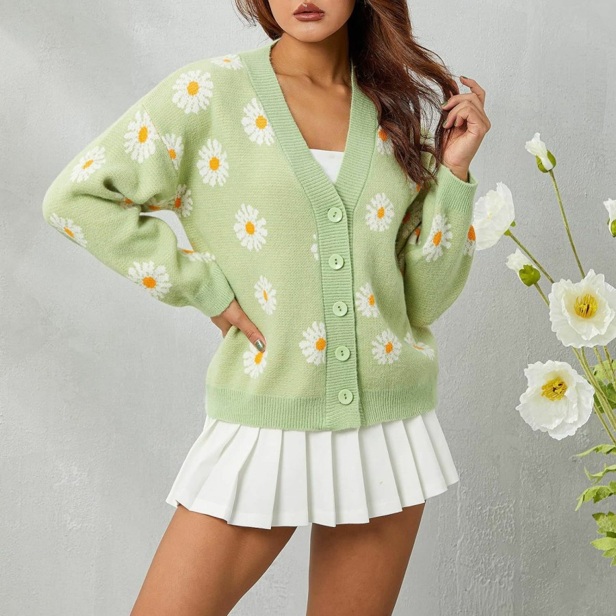 Sweaters | Fernvia Women'S Floral Knitted Daisy Sweater Cardigans Long Sleeve V Neck Loose Button Down Vintage Cottagecore Sweater Top