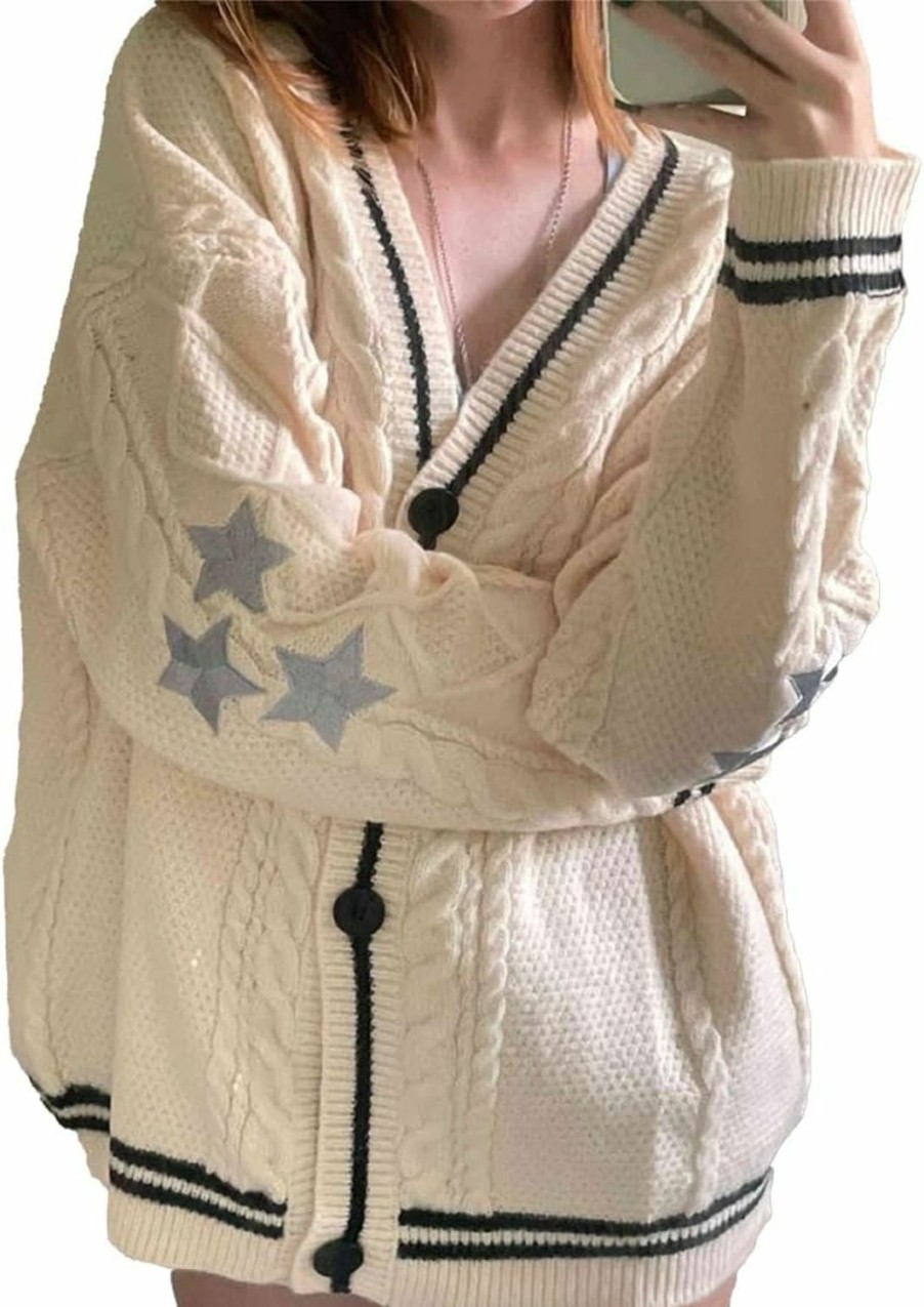 Sweaters | PANOZON Women'S Cardigan Sweater V-Neck Button Down Star Pattern Long Sleeve Knitted Loose Coat