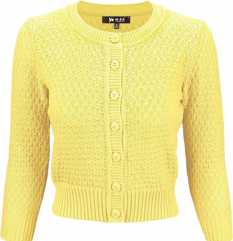 Sweaters | YEMAK Yemak Women'S Cropped Cardigan Sweater 3/4 Sleeve Crewneck Basic Classic Casual Button Down Soft Crochet Knit Top (S-3Xl)