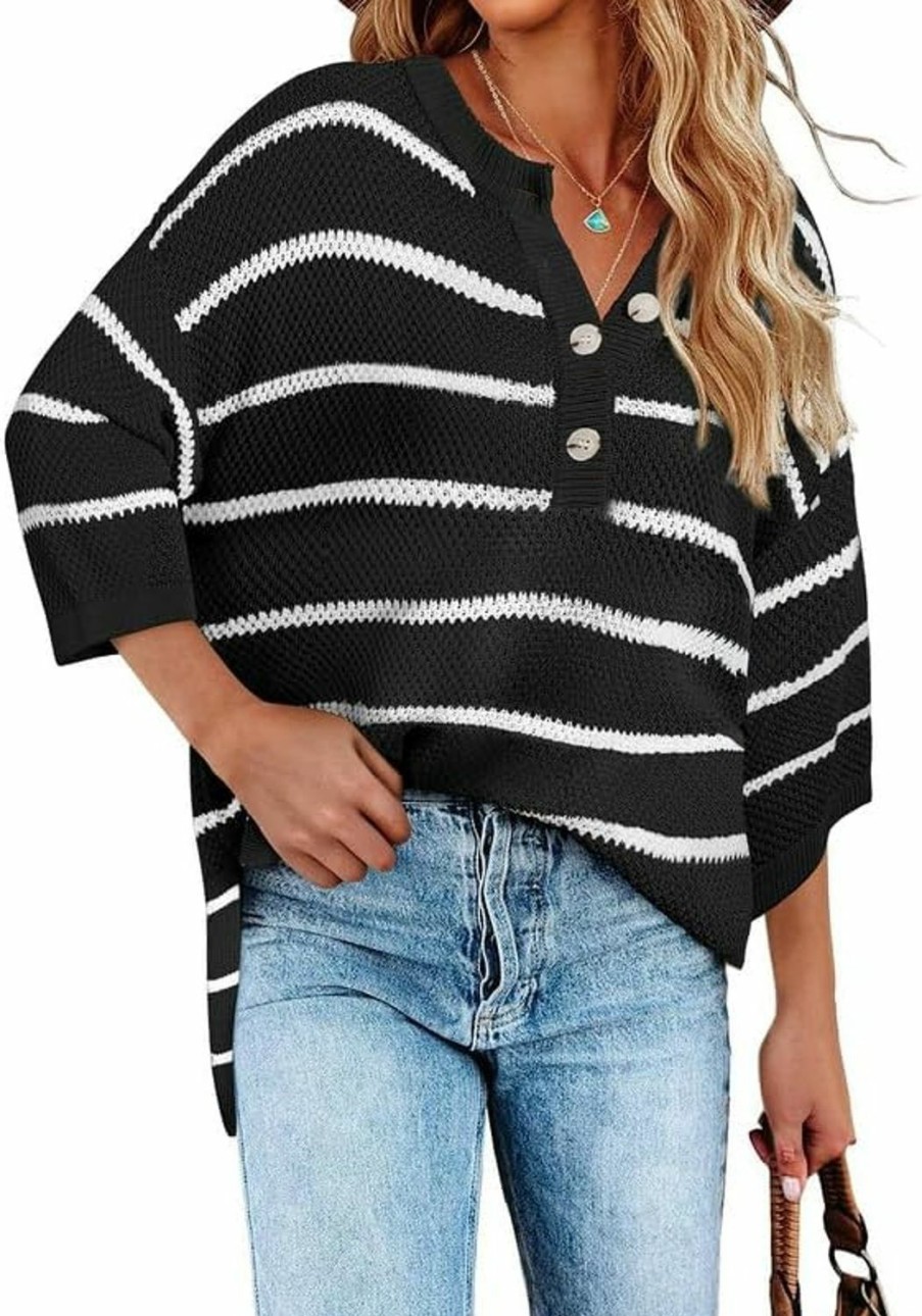 Sweaters | SHEWIN Shewin Womens Button Down V Neck 3/4 Sleeve Sweaters Tops Casual Striped Pullover Shirt Lightweight Knit Sweater Blouse