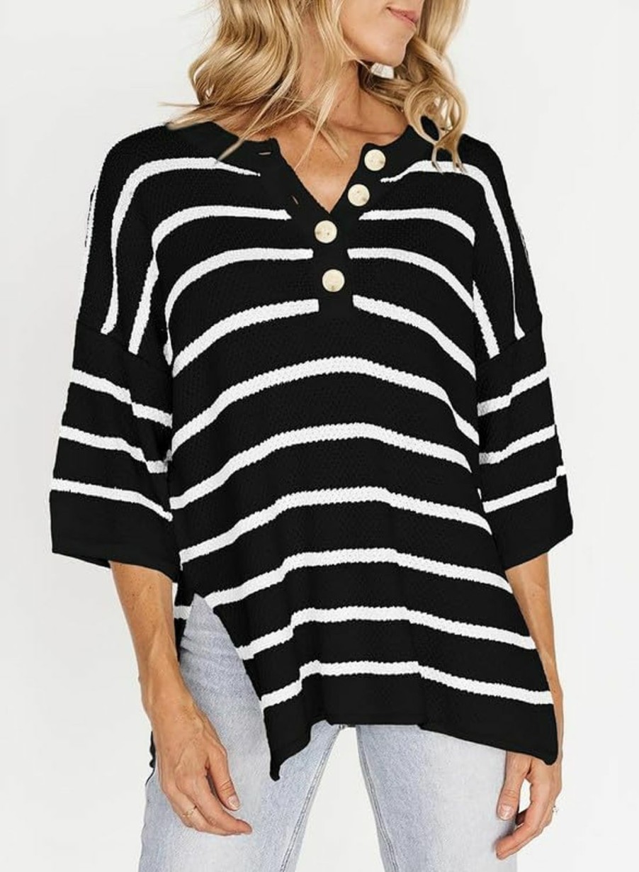 Sweaters | SHEWIN Shewin Womens Button Down V Neck 3/4 Sleeve Sweaters Tops Casual Striped Pullover Shirt Lightweight Knit Sweater Blouse