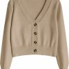 Sweaters | ZAFUL Zaful Women'S Ribbed Knit Trim Button Down Crop Cardigan V Neck Long Sleeve Cropped Sweaters