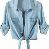 Sweaters | Century Star Century Star Women'S 3/4 Sleeve Denim Shirt Chambray Crop Top Jean Tie Cardigan Front Knot