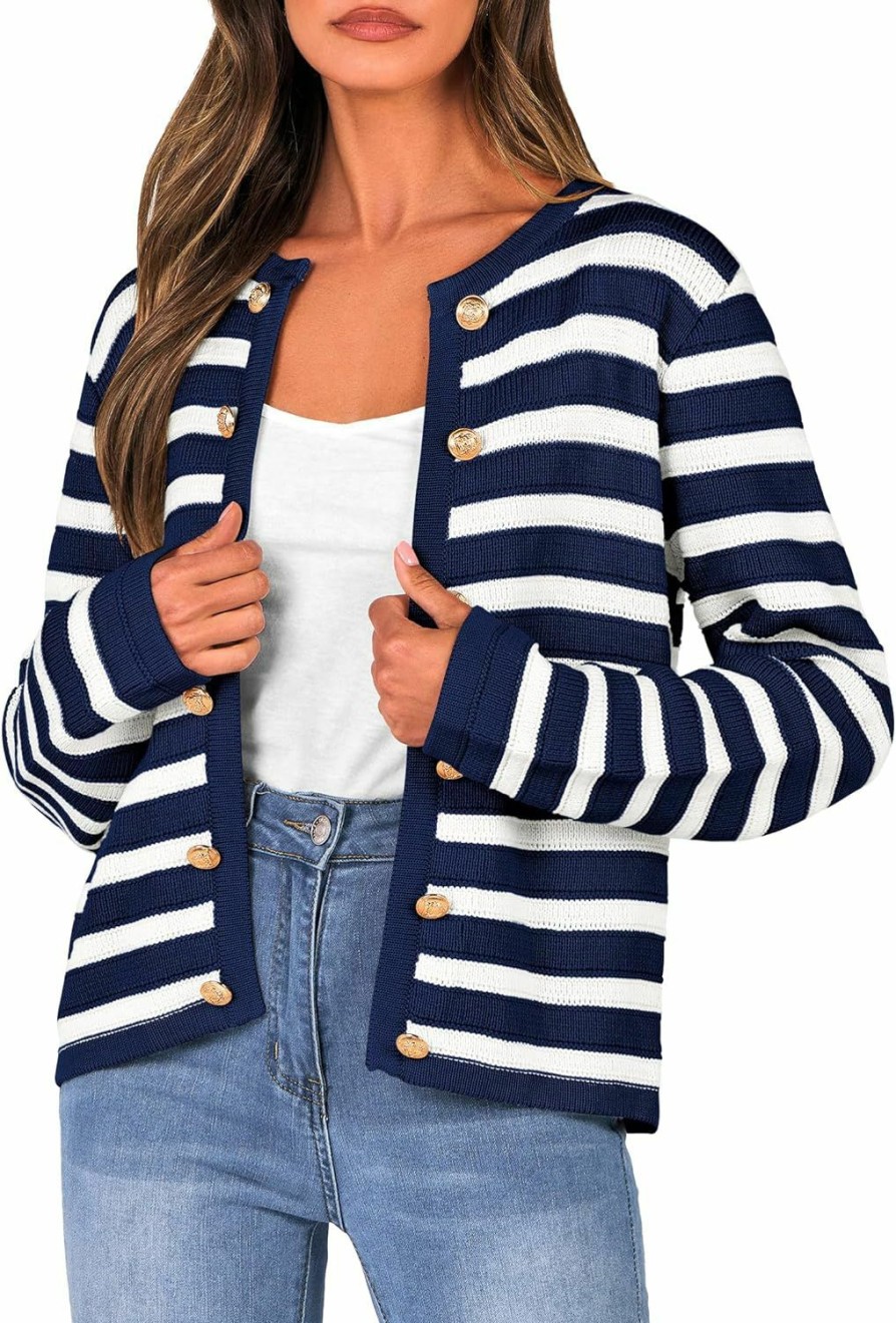 Sweaters | PRETTYGARDEN Prettygarden Women'S Striped Cardigan Sweaters Ribbed Knit Long Sleeve Open Front Crewneck Casual Jackets