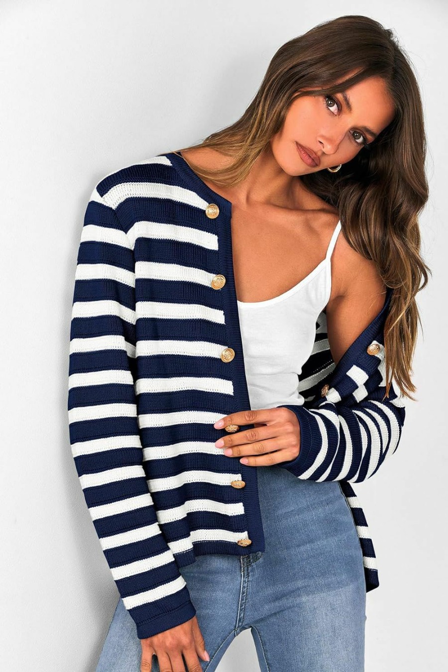 Sweaters | PRETTYGARDEN Prettygarden Women'S Striped Cardigan Sweaters Ribbed Knit Long Sleeve Open Front Crewneck Casual Jackets