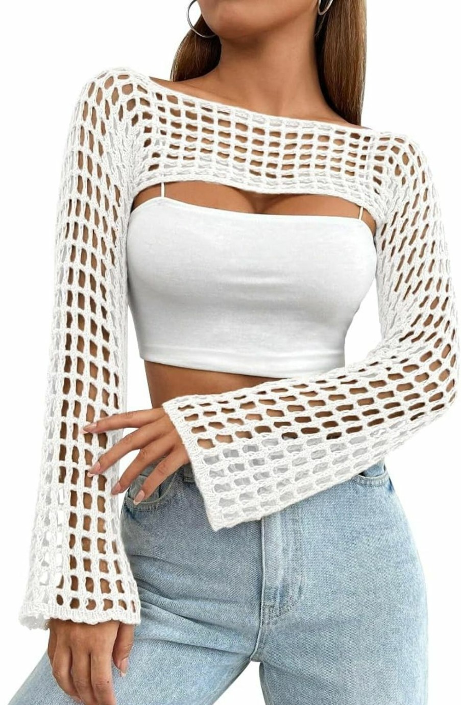 Sweaters | Mincib Womens Crochet Shrug Y2K Hollow Out Bolero Shrug See Through Cropped Knit Sweater Top