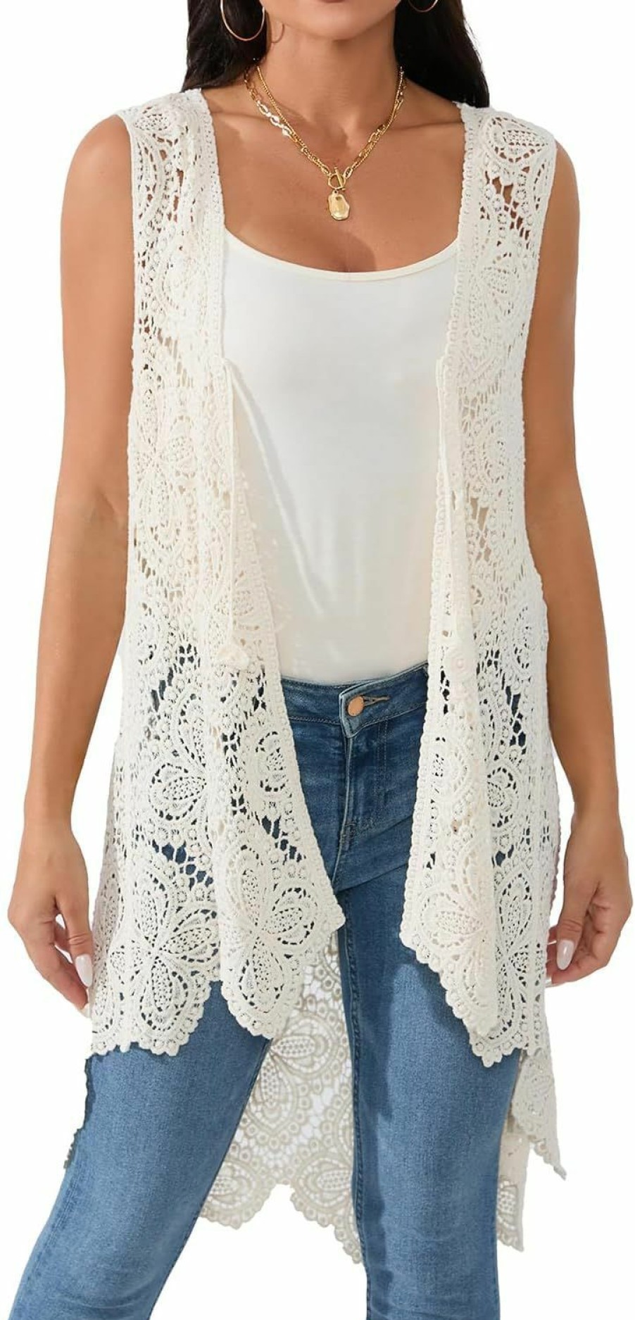 Sweaters | WESURE Women'S Crochet Lace Vest Boho Sleeveless Kimono Irregular Hem Cardigan