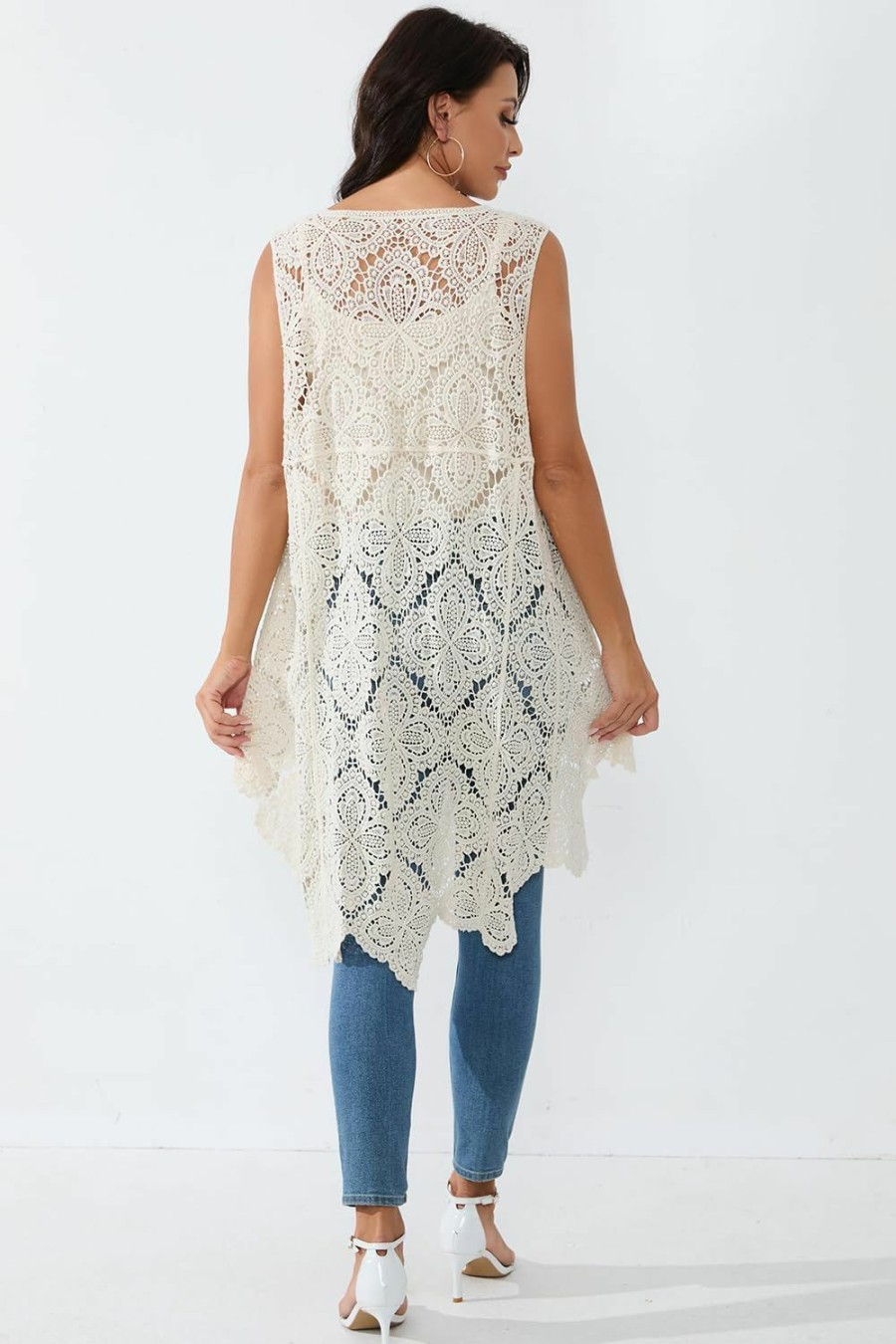 Sweaters | WESURE Women'S Crochet Lace Vest Boho Sleeveless Kimono Irregular Hem Cardigan