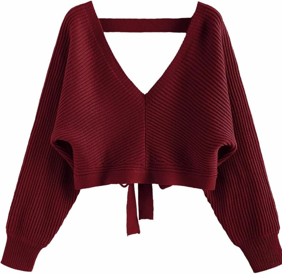 Sweaters | ZAFUL Zaful Women'S V Neck Cropped Sweater Ribbed Knit Pullover Tops Sexy Drop Shoulder Jumpers