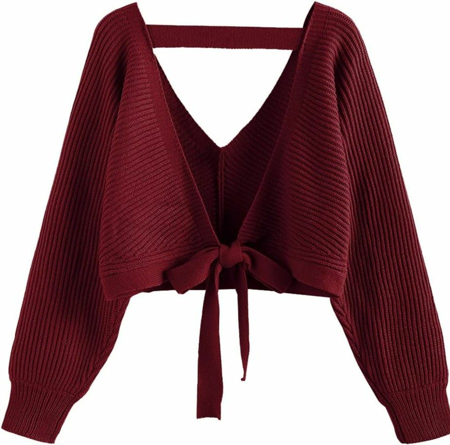 Sweaters | ZAFUL Zaful Women'S V Neck Cropped Sweater Ribbed Knit Pullover Tops Sexy Drop Shoulder Jumpers