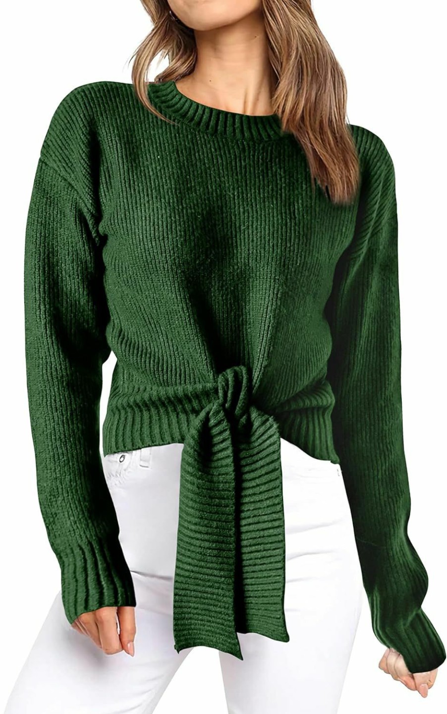 Sweaters | Okiwam Okiwam Women'S Long Sleeve Cropped Knit Sweater Tie Front Crew Neck Solid Color Ribbed Pullover 2024 Casual Tops Jumper