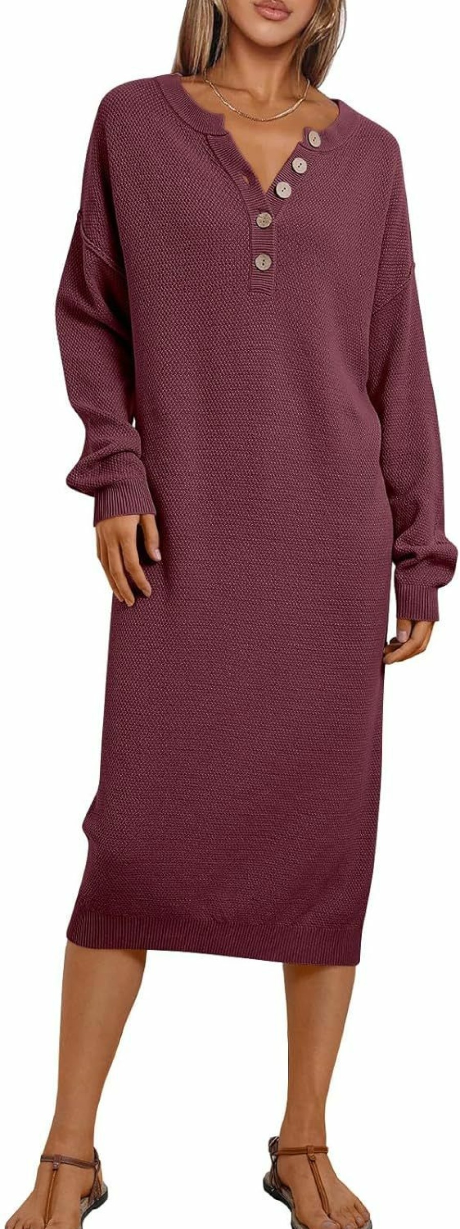 Sweaters | LILLUSORY Lillusory Women Pullover Sweater Maxi Dresses 2023 Fall Long Sleeve Button V Neck Oversized Waffle Knit Sweaters