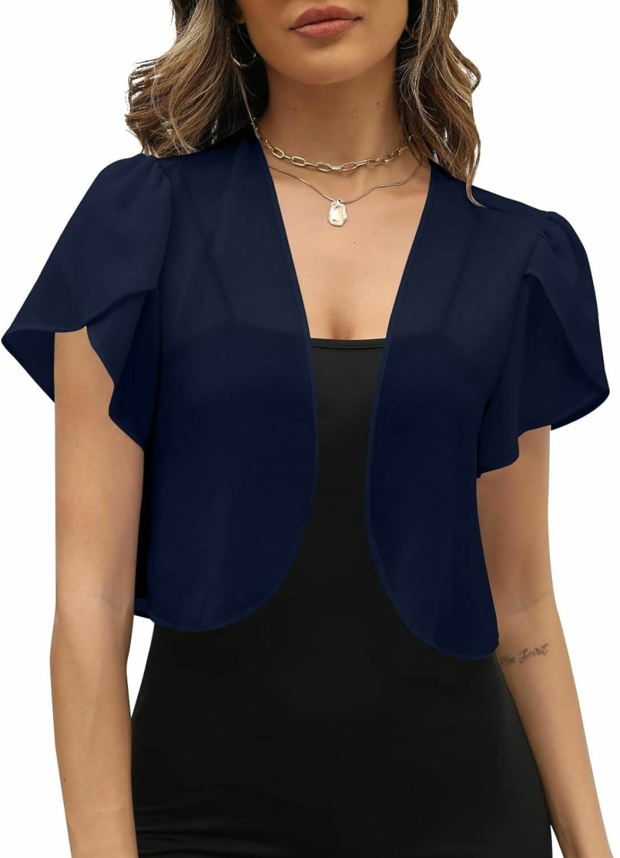 Sweaters | AFVETUT Women Ruffle Short Sleeve Bolero Shurg Open Front Cropped Chiffon Sheer Cardigan For Evening Dress