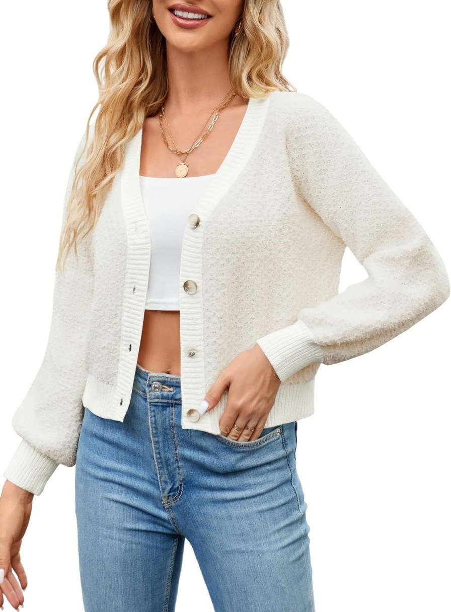 Sweaters | Amazon Zaful Women'S V Neck Button Up Chunky-Knit Long Sleeve Cropped Cardigan Sweaters Color Block Crop Cardigans Outerwear