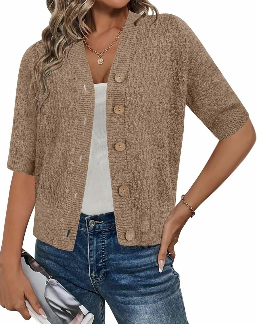 Sweaters | Arach&Cloz Arach&Cloz Womens Spring Summer 2024 Cardigan Sweaters Short Sleeve Button Crochet Knit Shrugs Fashion Tops