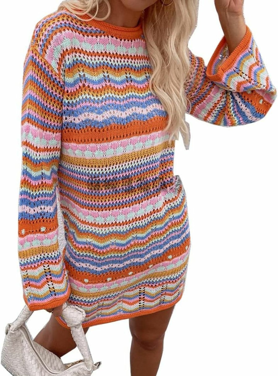 Sweaters | wudfeel Rainbow Striped Long Sleeve Loose Crochet Striped Hollow Out Mini Casual Sweater Dress Women Sweater Dress