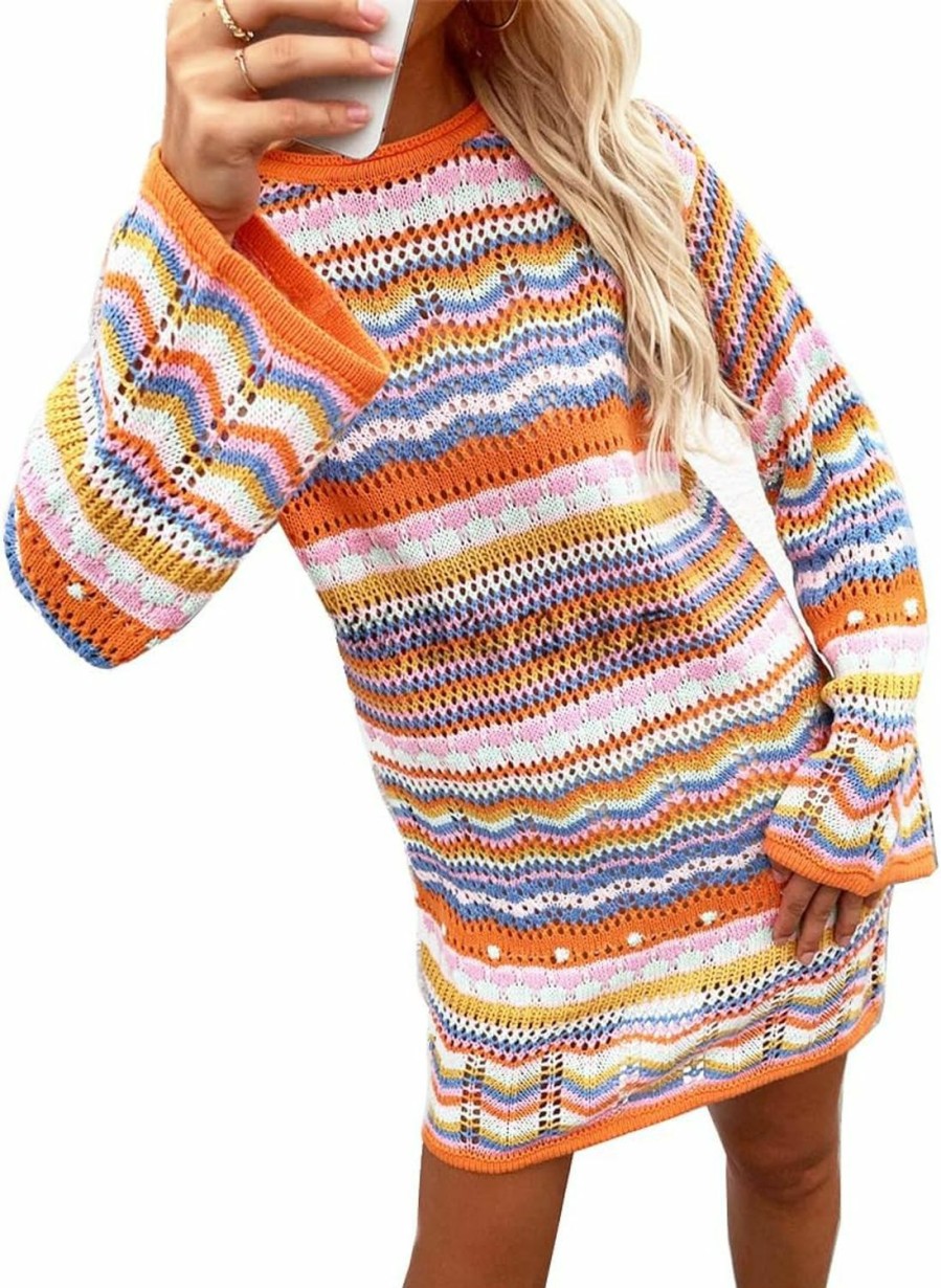 Sweaters | wudfeel Rainbow Striped Long Sleeve Loose Crochet Striped Hollow Out Mini Casual Sweater Dress Women Sweater Dress