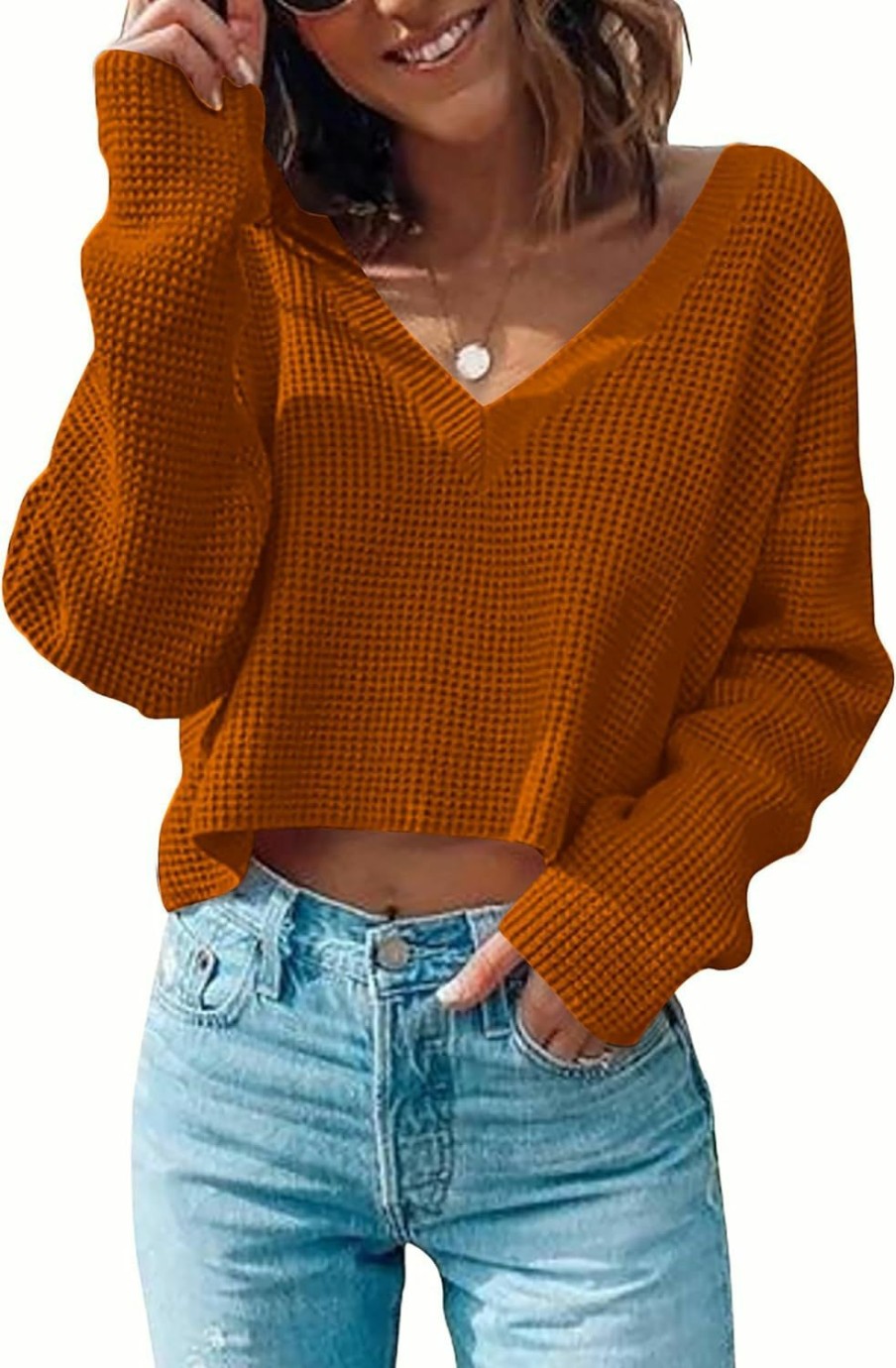 Sweaters | Zeagoo Zeagoo Women Long Sleeve Tops Waffle Knit Shirts Fashion Cropped Top Casual V Neck T Shirts