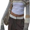 Sweaters | Axupico Womens Y2K Knitted Crop Tops Shrugs Patchwork Crochet Hollow Out Long Sleeve Off-Shoulder Loose Shirt Sweater