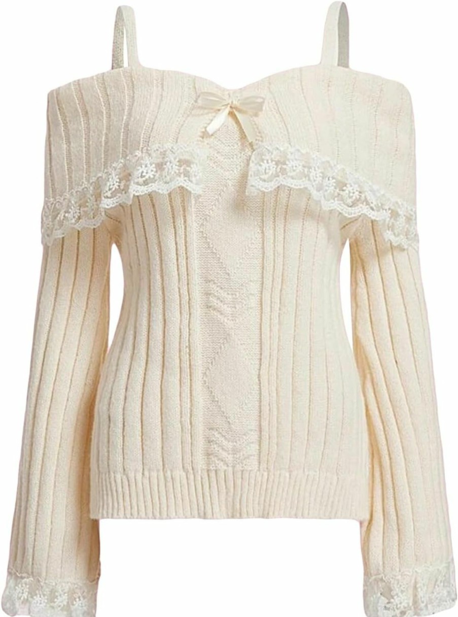 Sweaters | WZTYYDS Women Cold Shoulder Sweaters Contrast Lace Knit Pullovers Tops Bow Front Jumper Cute Going Out Tops