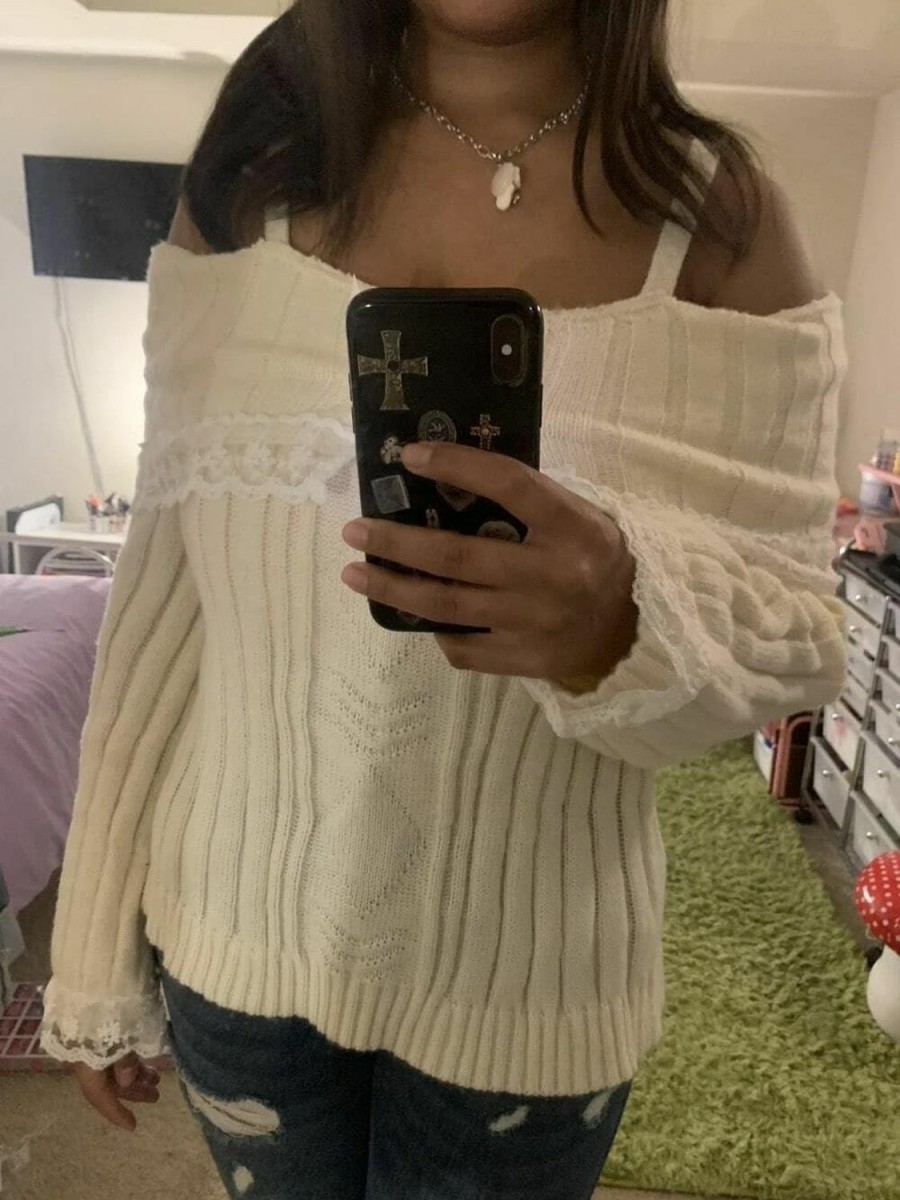 Sweaters | WZTYYDS Women Cold Shoulder Sweaters Contrast Lace Knit Pullovers Tops Bow Front Jumper Cute Going Out Tops