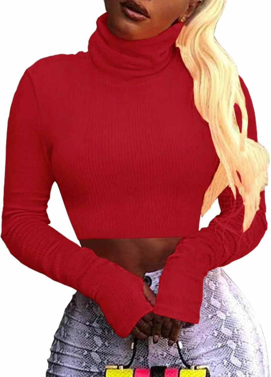 Sweaters | Artfish Artfish Women Long Sleeve Turtleneck Crop Tops Neon Ribbed Half Tight Cropped Sweaters Pullovers