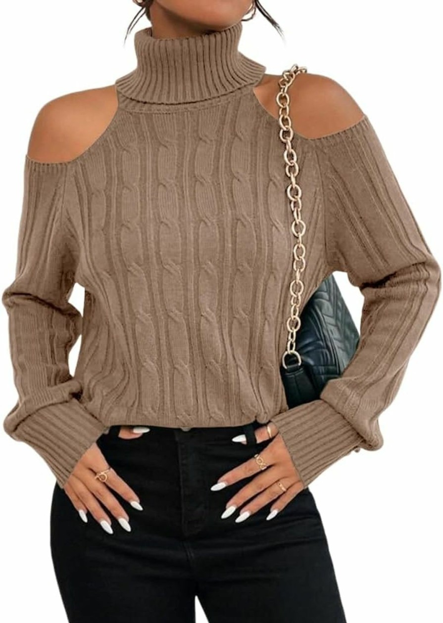 Sweaters | Langwyqu Langwyqu Womens Cold Shoulder Turtleneck Sweaters 2023 Fall Long Sleeve Soft Cable Knit Pullovers Sexy Jumper Tops