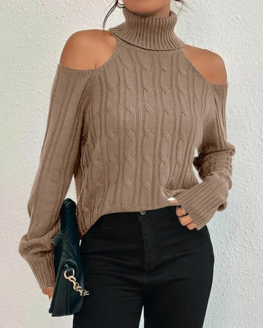 Sweaters | Langwyqu Langwyqu Womens Cold Shoulder Turtleneck Sweaters 2023 Fall Long Sleeve Soft Cable Knit Pullovers Sexy Jumper Tops