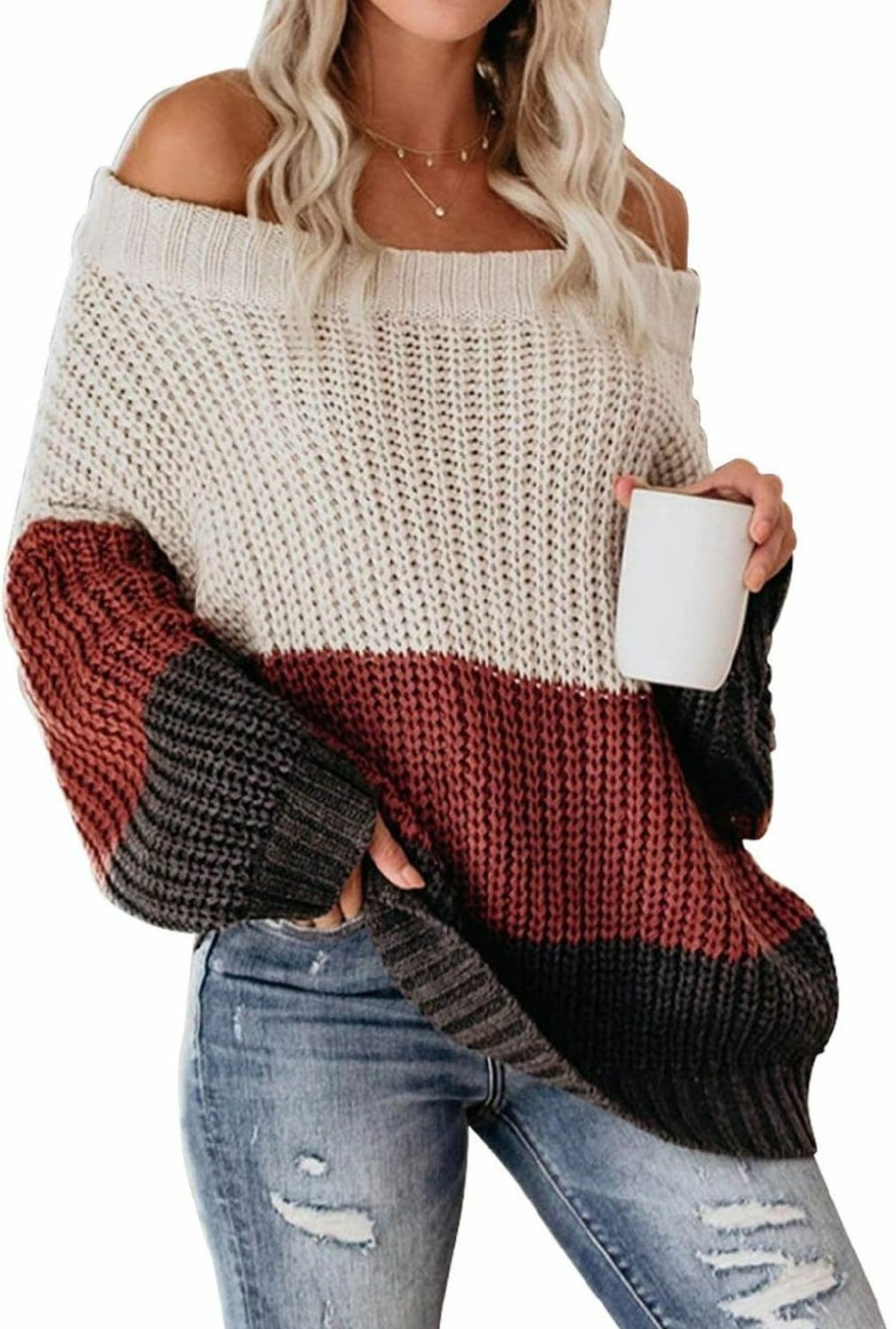 Sweaters | VIMPUNEC Vimpunec Womens Oversized Sweater Color Block Off The Shoulder Pullover Sweaters Cable Knit Chunky Striped Tops