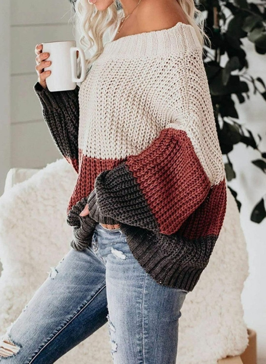 Sweaters | VIMPUNEC Vimpunec Womens Oversized Sweater Color Block Off The Shoulder Pullover Sweaters Cable Knit Chunky Striped Tops