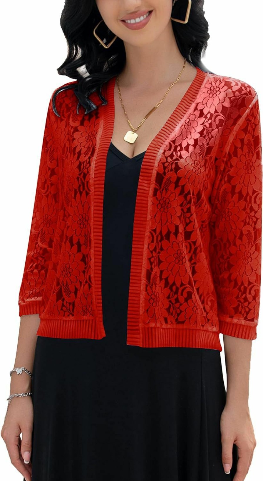 Sweaters | FindThy Findthy Women'S Floral Lace Shrug Cardigan 3/4 Sleeve Crochet Bolero Jacket