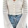 Sweaters | Verdusa Verdusa Women'S Hollow Out Button Front Long Bell Sleeve Knit V Neck Crop Cardigan