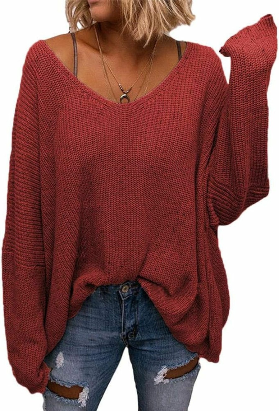 Sweaters | BZB Bzb Women'S V Neck Long Sleeve Knit Loose Oversized Pullover Sweater