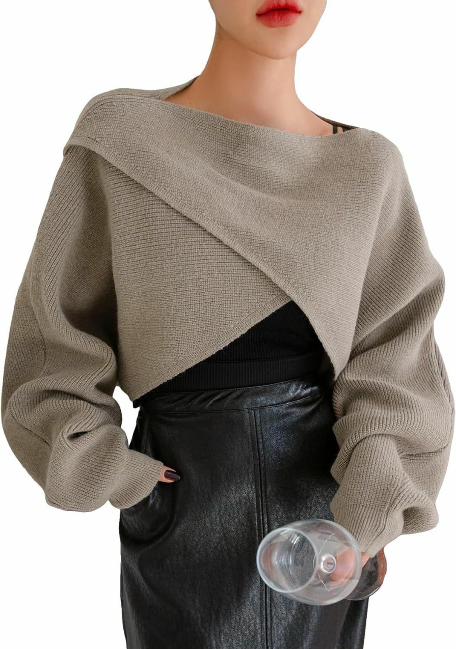 Sweaters | COZYEASE Cozyease Women'S Criss Cross Boat Neck Long Sleeve Crop Sweater Solid Casual Plain Sweater Coat