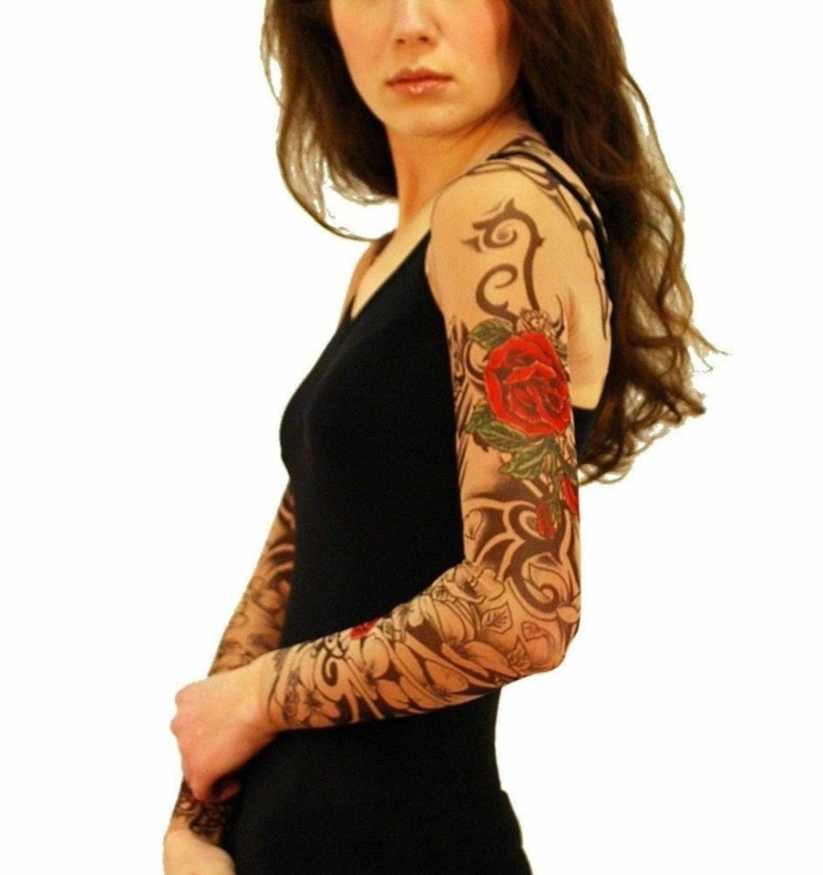 Sweaters | Wild Rose Tattoo Clothing Wild Rose Ladies Tattoo Sleeve Shrug Connected Mesh Sleeves, Flamenco Red Rose