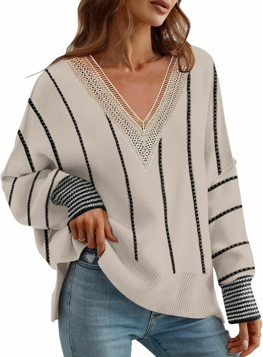 Sweaters | Disamer Women'S 2023 Fall Sweaters Trendy Long Sleeve Lace V Neck Color Block Striped Sweater Winter Oversized Pullover Knitted Tops