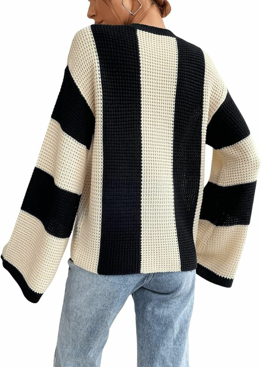 Sweaters | Verdusa Verdusa Women'S Colorblock Bell Sleeve Mock Neck Knit Sweater Pullover Top