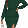 Sweaters | Rooscier Rooscier Women'S Puff Long Sleeve Ruched Split Side Crewneck Ribbed Knit Midi Dress