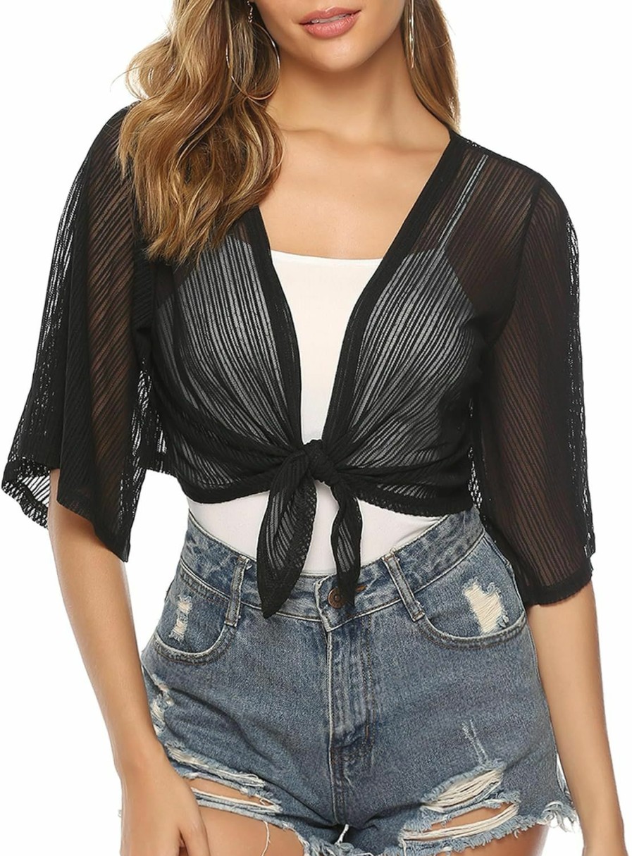 Sweaters | iClosam Iclosam Women Tie Front Chiffon Shrug Short Sleeve Cropped Sheer Bolero Shrug Cardigan