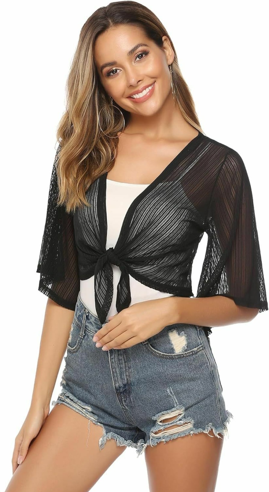 Sweaters | iClosam Iclosam Women Tie Front Chiffon Shrug Short Sleeve Cropped Sheer Bolero Shrug Cardigan