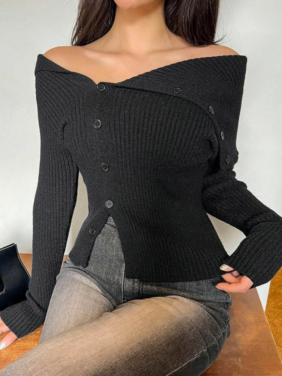 Sweaters | GORGLITTER Gorglitter Women'S Off Shoulder Button Front Long Sleeve Pullover Crop Sweaters