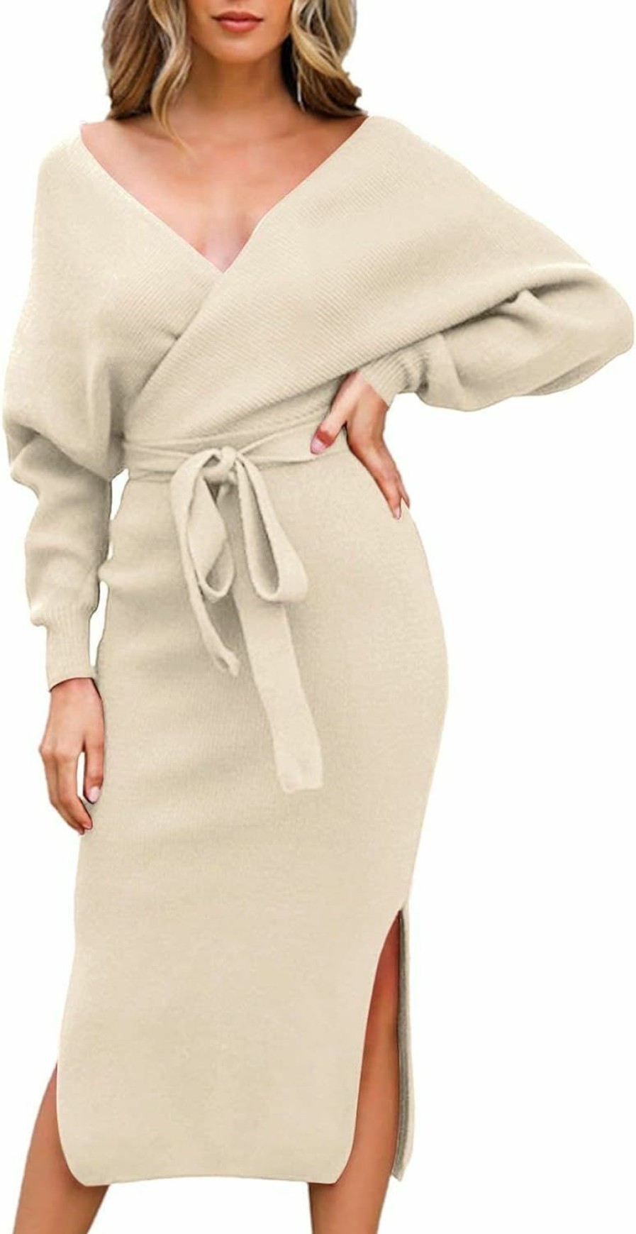 Sweaters | Viottiset Viottiset Women'S V Neck Long Batwing Sleeve Wrap Midi Knit Sweater Dress Elegant Backless With Belt Slit