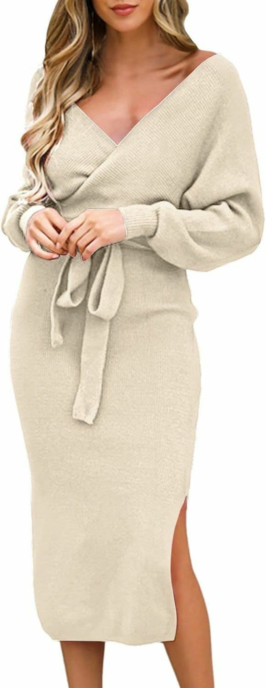 Sweaters | Viottiset Viottiset Women'S V Neck Long Batwing Sleeve Wrap Midi Knit Sweater Dress Elegant Backless With Belt Slit