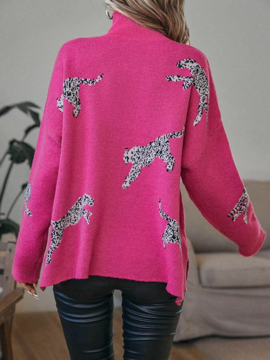 Sweaters | WDIRARA Wdirara Women'S Leopard Print High Neck Long Sleeve Sweater Casual Knit Pullovers