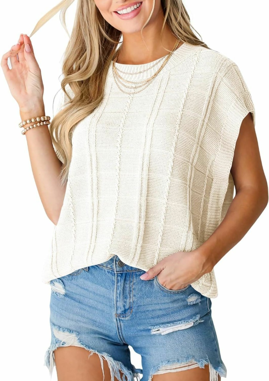 Sweaters | Langwyqu Langwyqu Womens Cap Sleeve Tank Tops Oversized Summer Sleeveless Crewneck Casual Cable Knit Sweater Vest