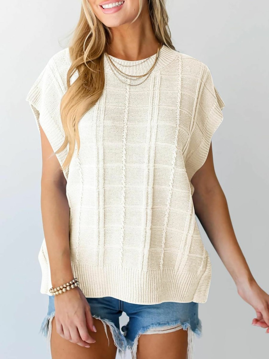 Sweaters | Langwyqu Langwyqu Womens Cap Sleeve Tank Tops Oversized Summer Sleeveless Crewneck Casual Cable Knit Sweater Vest