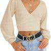 Sweaters | LOMON Lomon Women'S Knitted Crop Deep V-Neck Long Sleeve Pullover Cross Wrap Front Loose Pullover Sweater