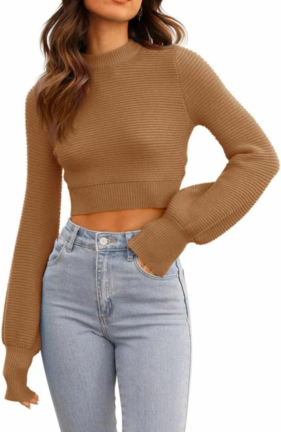 Sweaters | GeGekoko Gegekoko Womens Sexy Crew Neck Cropped Sweaters Ribbed Knit Long Sleeve Crop Tops Pullover