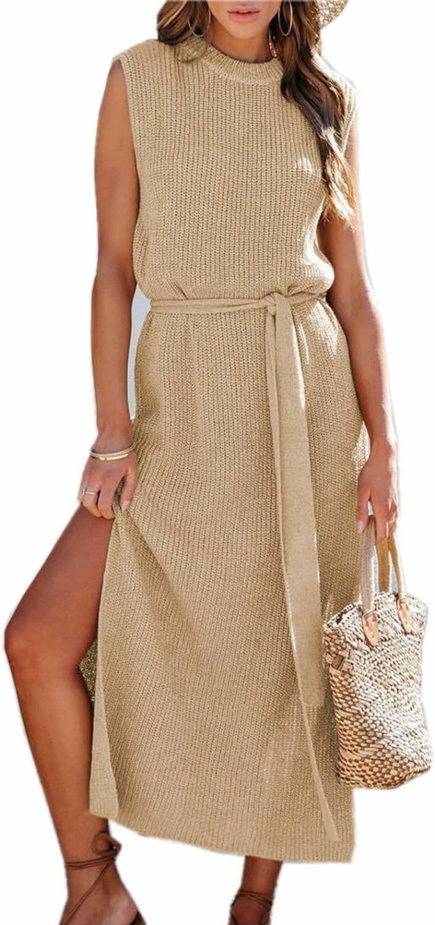 Sweaters | Asskdan Womens Elegant Solid A-Line Sleeveless Slit Midi Sweater Knit Dress With Belt